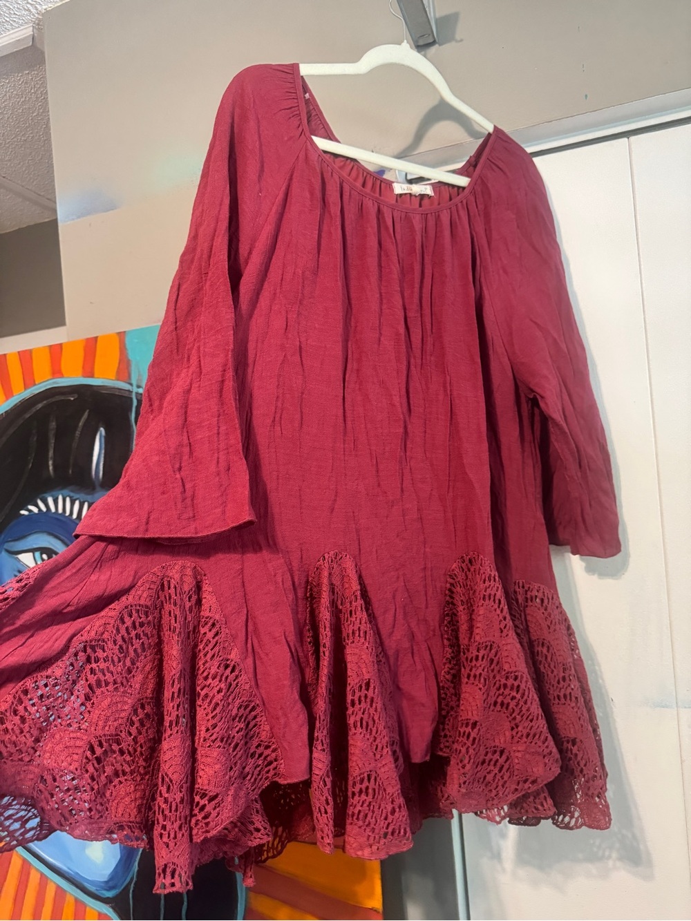 Indigo Soul XL Burgundy Crochet Lace Asymmetrical Hem Mini Tunic Dress Whimsigot - Picture 2 of 9